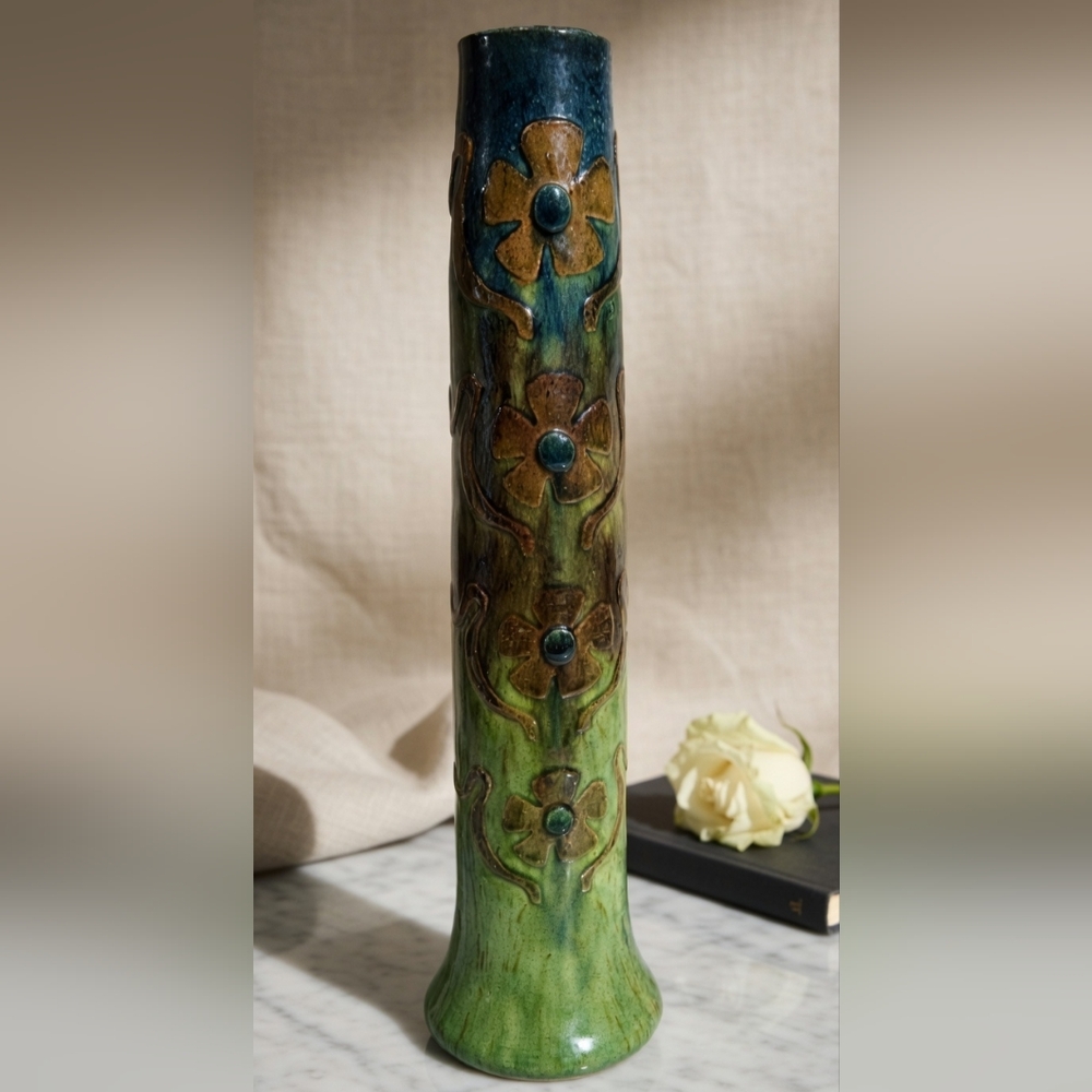 Vintage Studio Pottery Bud Vase 11" Green Blue Raised Floral Ceramic